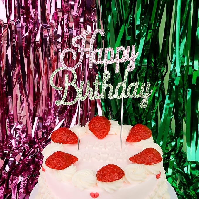 Happy Birthday Cake Topper Pink & Green Rhinestones Wicked Themed Cake Topper for Birthday Party Decorations