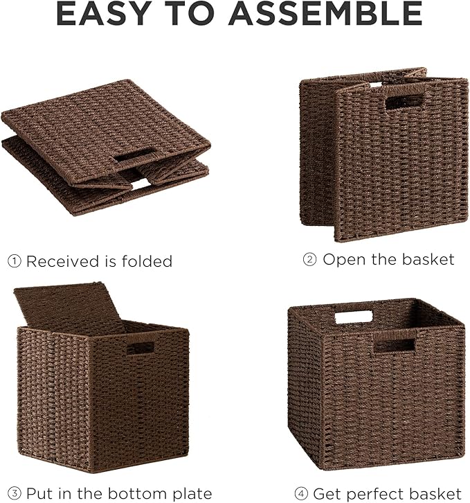 UBBCARE 3 Pack Wicker Basket, 11L×11H×10.5W inch Woven Paper Rope Storage Baskets for shelves, Foldable Cube Storage bin with Handle, Storage Basket for Organizing & Decor, Brown