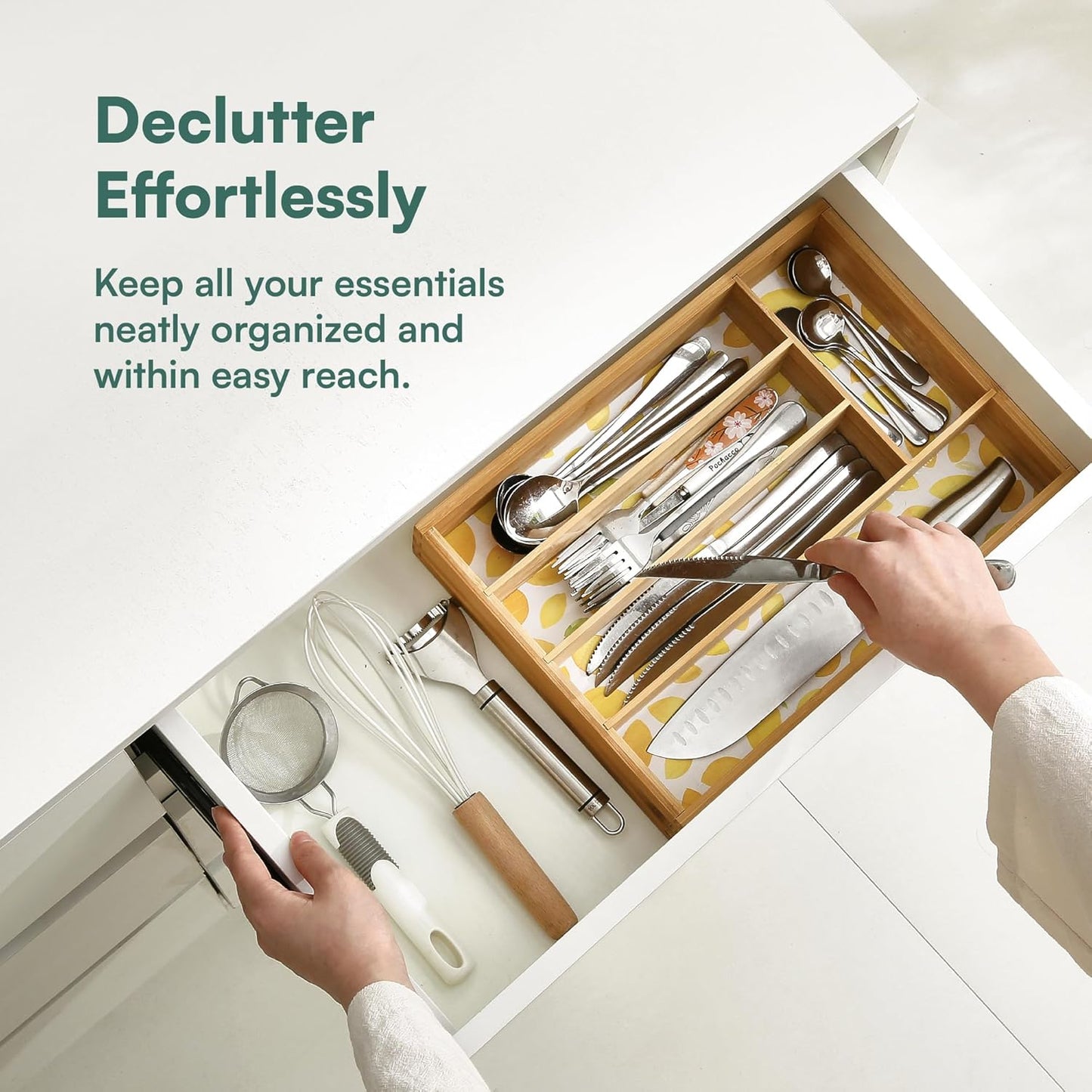 Drawer Organizer - Silverware Organizer with 5 Slots, Lemon Print