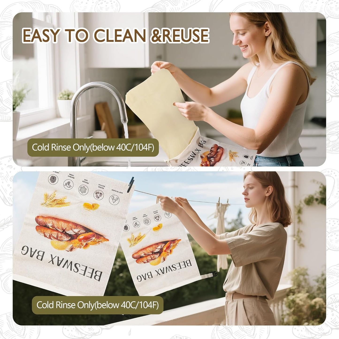 3-Pack Reusable Beeswax Bread Bags for Homemade Bread Sourdough, 2 Natural Beeswax 100% Linen Moisture-proof Lined Storage Bags with Buckle& 1 Bowl Covers –Keeps Bakes Fresh Longer (Bread print color)