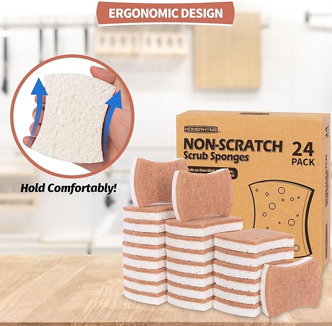HOMERHYME Natural Dish Sponge 24 Pack, Non-Scratch Scrub Sponge, Eco Multipurpose Kitchen Sisal Fiber Cellulose Sponge, Odor-Less Dual-Sided for Dish Washing & Household Cleaning