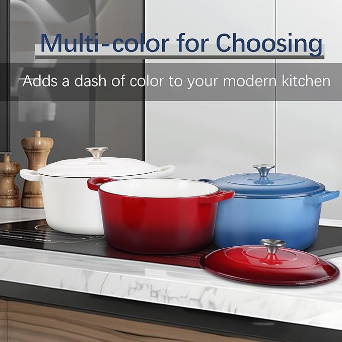 E-far Dutch Oven Pot with Lid, 5 Quart Enameled Cast Iron Round Dutch Oven Stockpot for Bread Baking/Braising/Cooking/Roasting/Stewing, Heavy Duty Nonstick Cookware Safe for Induction & Oven - Blue