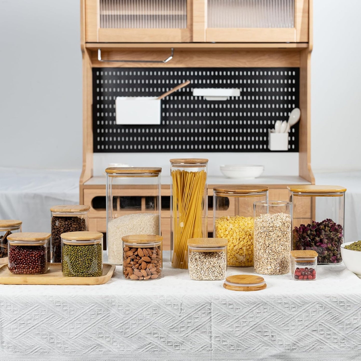 122oz Airtight Glass Square Storage Canister with Bamboo Lid Set of 1 (3600ml) Gallon Glass Jars Large Kitchen Canister for Sugar, Flour, Cookies and Coffee beans (with Black Lable)