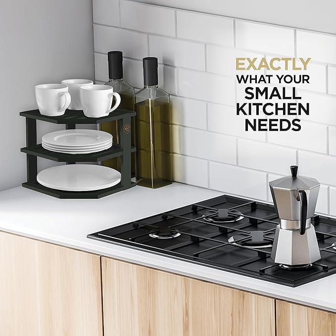 Cabinet Organizer Shelf - Bamboo Corner Rack for Kitchen Counter, Cabinet Space Saver for Plates, Dishes, Bowls, Bread Pantry, Bathroom Storage or Countertop Stand, Black