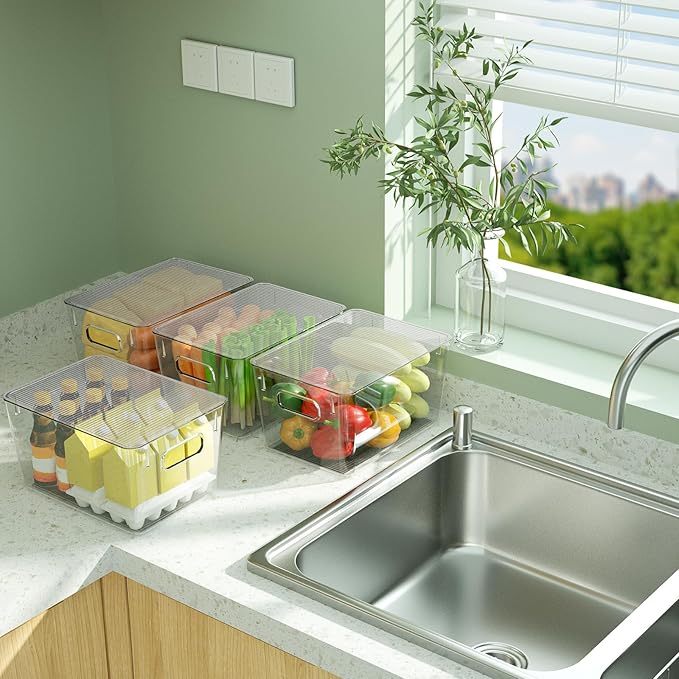 BALEINE Clear Stackable Storage Bins with Lids, Plastic Containers with Handle for Pantry Organizers and Storage, Plastic Bins for Fridge, Kitchen, Bathroom, Cabinet (11x7.5x6, 6PK)