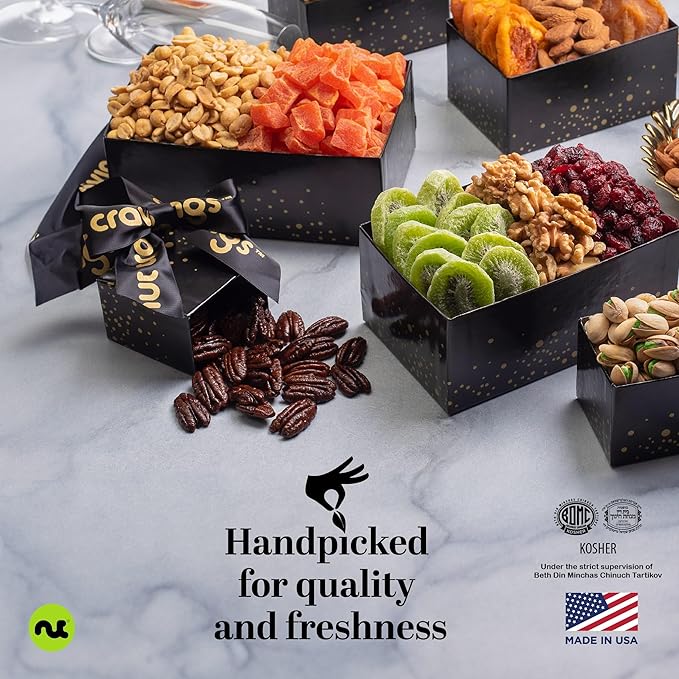 NUT CRAVINGS - Dried Fruit & Mixed Nuts Gift Basket in Black Tower + Ribbon (12 Assortments) Food Arrangement, Healthy Snack Care Package, Food Assortments