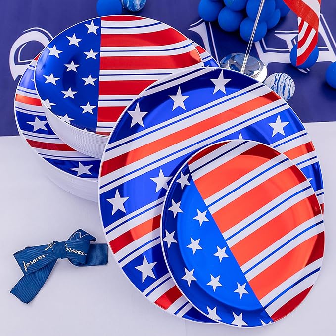 FLOWERCAT 60PCS 4th of July Plates & Red White Blue Plates for Independence Day, Memorial Day - American Flag Plastic Plates Include 30PCS 10.25inch Dinner Plates and 30PCS 7.5inch Dessert Plates