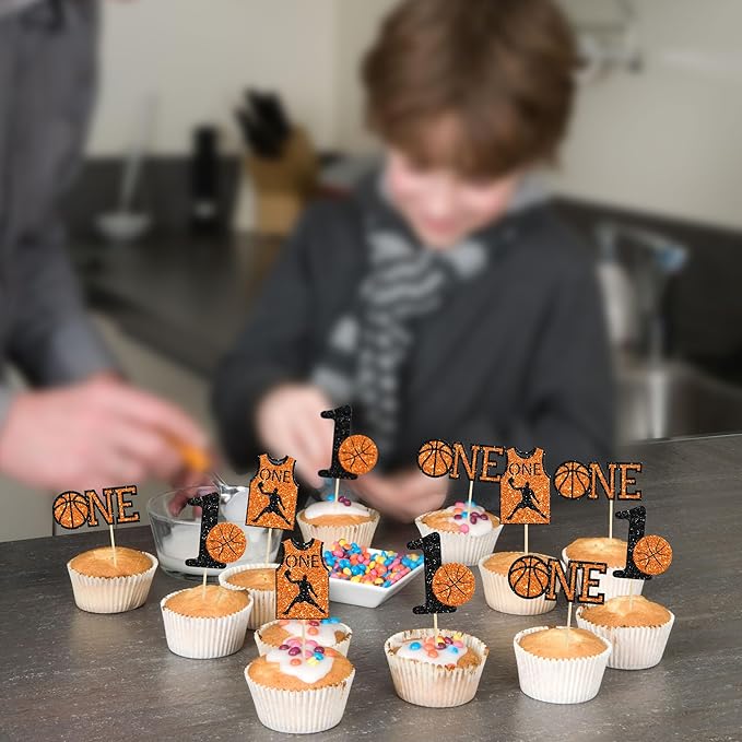 24Pcs Basketball One Cupcake Toppers Glitter Number 1 First Birthday Basketball Cupcake Picks for Sports Theme Baby Shower Kids 1st Birthday Party Cake Decorations Supplies