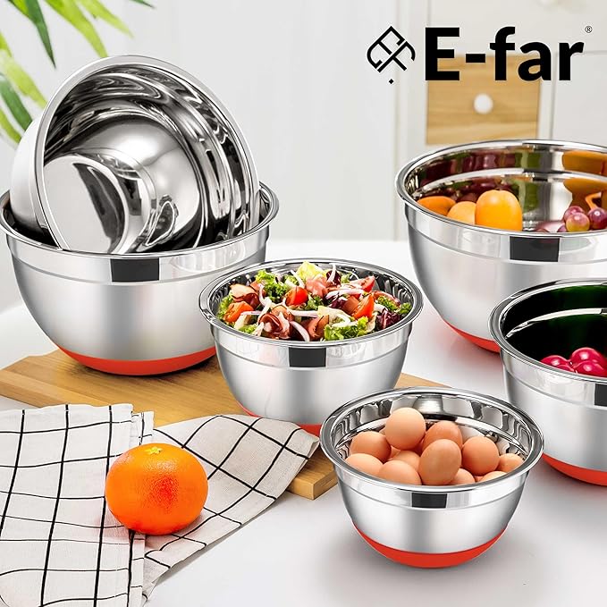 E-far Stainless Steel Mixing Bowls with Lids Set, 5-Piece Nesting Salad Bowls with 3 Grater Attachments and Non-Slip Bottoms, Size 4.6, 2.6, 2, 1.5, 1QT for Kitchen (Red)