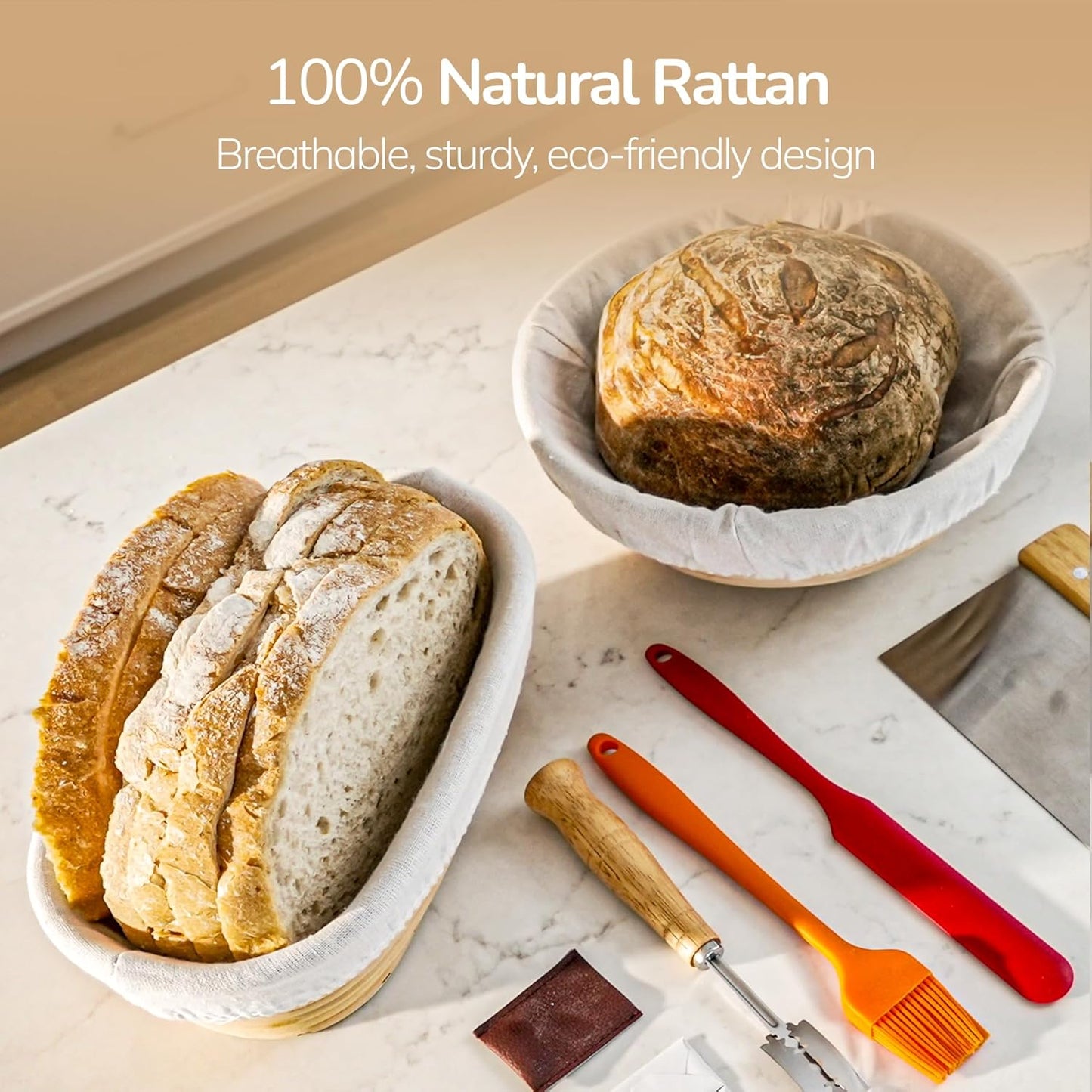 Sourdough Bread Baking Supplies 16 Pcs | Banneton Bread Proofing Basket Kit with Sourdough Starter Jar, 9" Round & 10" Oval Sourdough Proofing Rattan Baskets with Bread Making Tools Gift Set