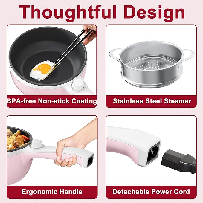 Dezin Hot Pot Electric with Steamer Upgraded, Non-Stick Sauté Pan, Rapid Noodles Electric Pot, 1.5L Mini Pot for Steak, Egg, Fried Rice, Ramen, Oatmeal, Soup with Power Adjustment
