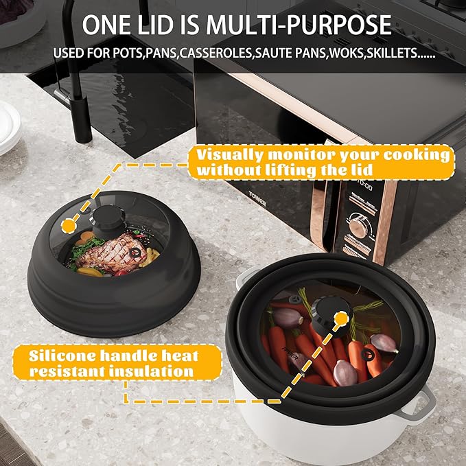 Collapsible Microwave Splatter Cover - Vented Silicone & Glass Lid with Easy-Grip Handle, Fits 6 to 11 Inch Plates & Bowls, 11.8 Inch Diameter, Prevents Splatters & Ensures Even Heating