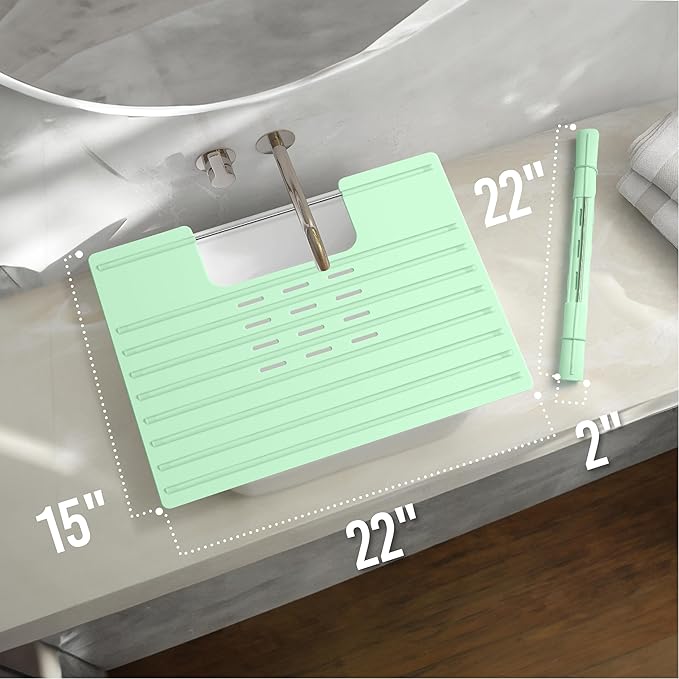 Maplefield Silicone Over-the-Sink Makeup Mat - Mint 22 x 2 x 2 In - Heat-Resistant up to 400°F - Foldable Sink Cover for Counter Space - Travel-Friendly Vanity Topper