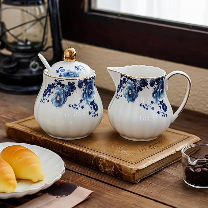 Ceramic Sugar and Creamer Set, 3 Piece with Cream Pitcher, Sugar Bowl with Lid and Spoon,Coffee and Tea Serving Set (White with blue flower)