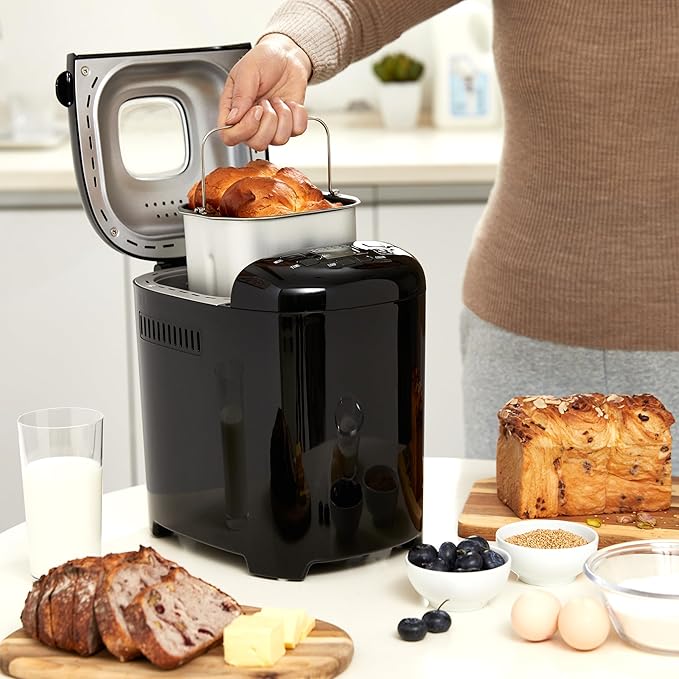 Amazon Basics Programmable Bread Maker, 2 Pound Non-Stick Automatic Bread Making Machine, 14 Settings for Breads, Doughs, Gluten-Free Options and More, LCD Display, Black