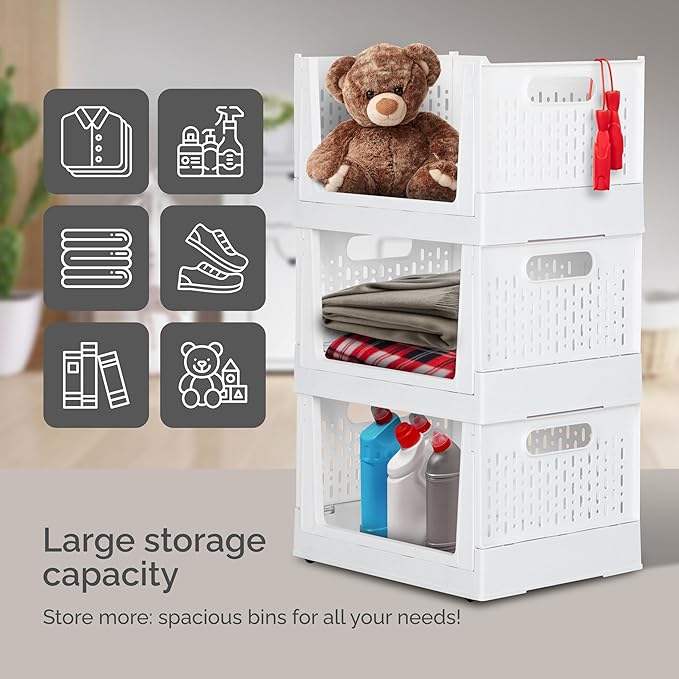 Skywin TidyFriend Stackable Storage Bins with Wheels, 3 Pack Foldable Storage Bins Box, Plastic Shelves Drawer Organizer Container for Closet Office Bedroom Kitchen Bathroom (Ivory)