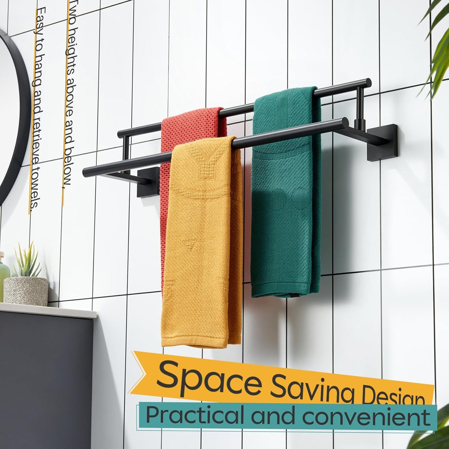 KOKOSIRI Bathroom Towel Bars 24-Inch Double Towel Rails Matte Black Towel Holder for Kitchen Garage Wall Mount Stainless Steel B5009BK-L24