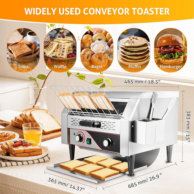 WICHEMI Commercial Toaster 450 Slices/Hour Commercial Conveyor Toaster Electric Stainless Steel Heavy Duty for Restaurant Bun Bagel Bread, 2600W