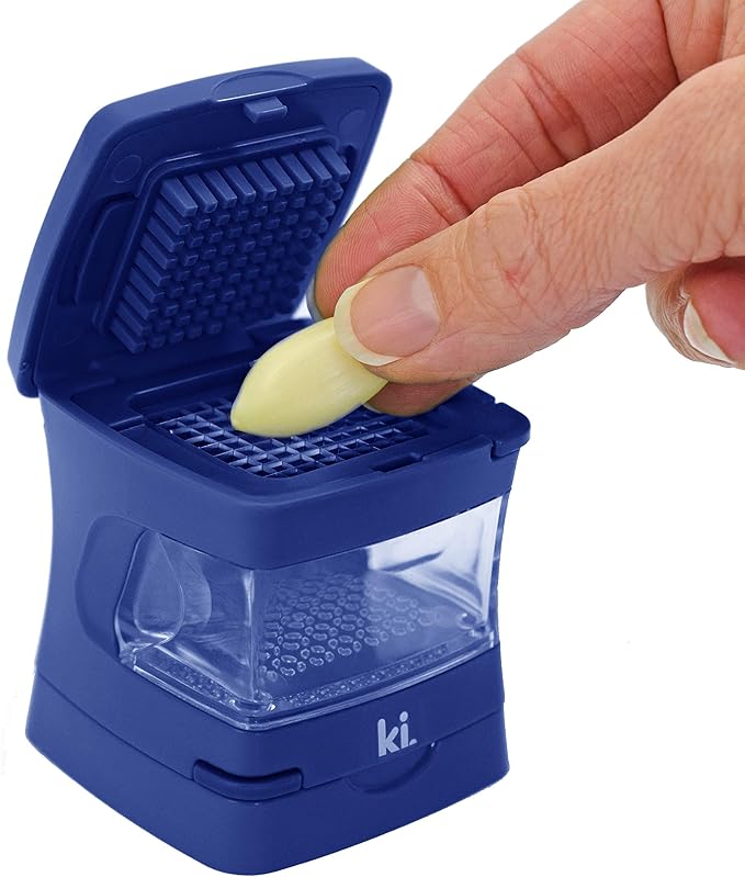 Garlic-A-Peel Garlic Press, Crusher, Cutter, Mincer, and Storage Container - Includes Silicone Garlic Peeler - Easy to Clean - Stainless Steel Blades – (Blue), standard