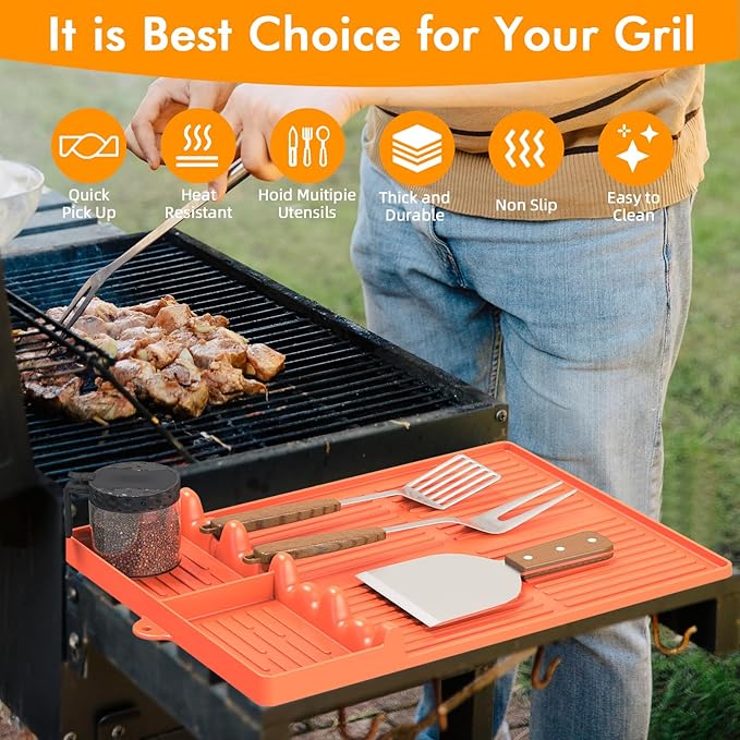 Silicone Griddle Tool Mat Compatible with Blackstone, Spatula Mat with Drip Pad Blackstone Griddle Accessories, Grill Side Shelf Utensil Pad, BBQ Grilling Accessories Gifts for Men(Orange)
