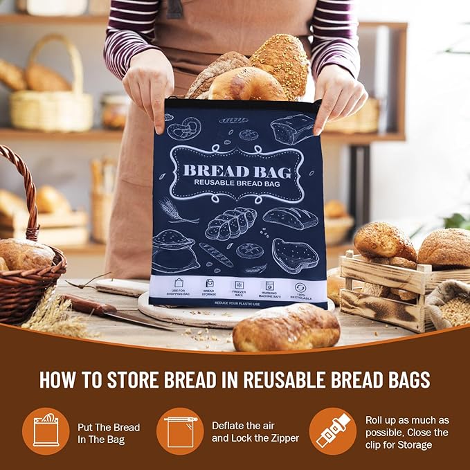 Bread Bags, 2 Packs Bread Bags to Keep Fresh, Reusable Zipper for Homemade Loaf, Freezer Storage Bag, Container, Fresh Keeping Extra Large Food Bag (White)