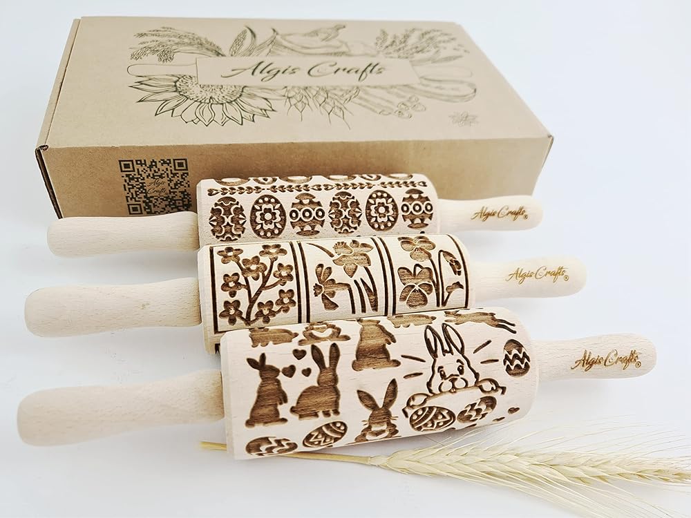 EASTER 3 Mini Embossed Rolling Pin Set. Wooden Laser Cut Embossing Rolling Pins for Embossed Cookies. Easter, Rabbit, Egg, Chicken, Spring, Flowers from Algis Crafts