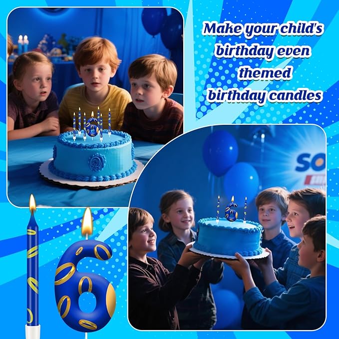 13PCS Birthday Cake Candles Set - Blue and Golden Ring Number Candles with Vibrant Designs for Boys & Girls, Theme Birthday Party Decorations, Cake Toppers for Theme Parties(Number 6)