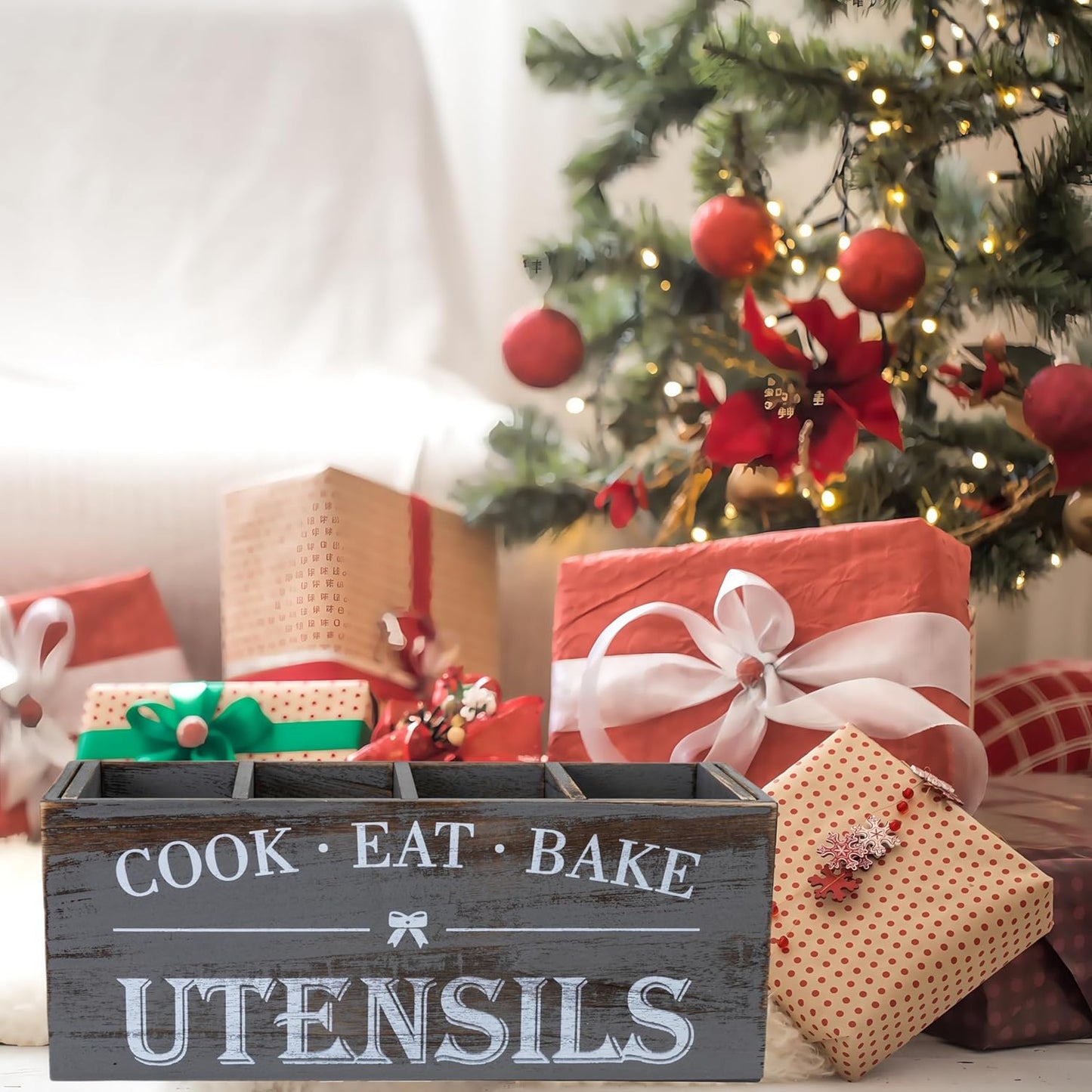 Utensil Holder,Extra Large Wooden Utensil Holder For Kitchen Counter,Cooking Spatula Organizer,Big Storage Caddy With 4 Compartments Flatware Spoon Tool Cutlery(Grey)