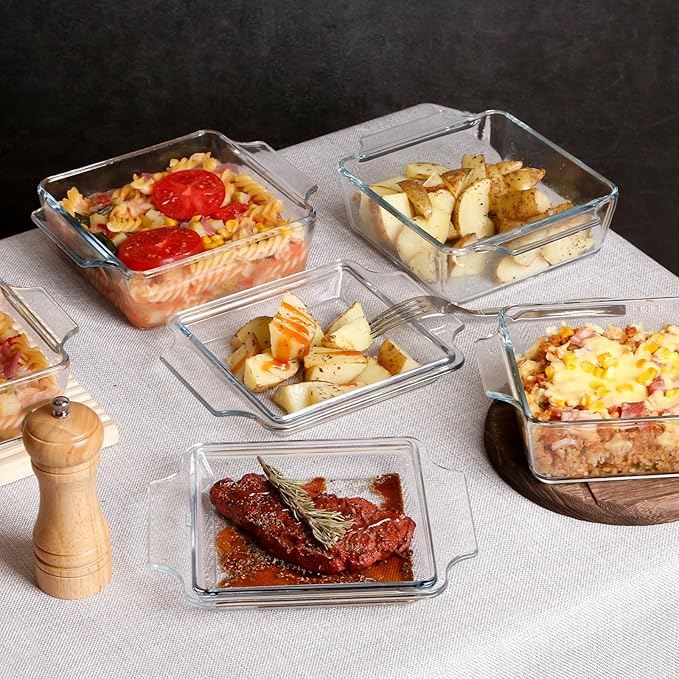 Set of 2 Glass Casserole Dish With Glass Lid, Square 6in x 6in Glass Baking Dish Oven Safe, Mini Casserole Dish with Lid
