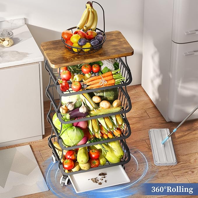 Fruit Basket Kitchen Pantry Organizers and Storage - Wooden Top Table, Stackable Metal Wire Basket Stand Cart for Fruit Vegetable Snacks Jars Bins Containers Organization, Black
