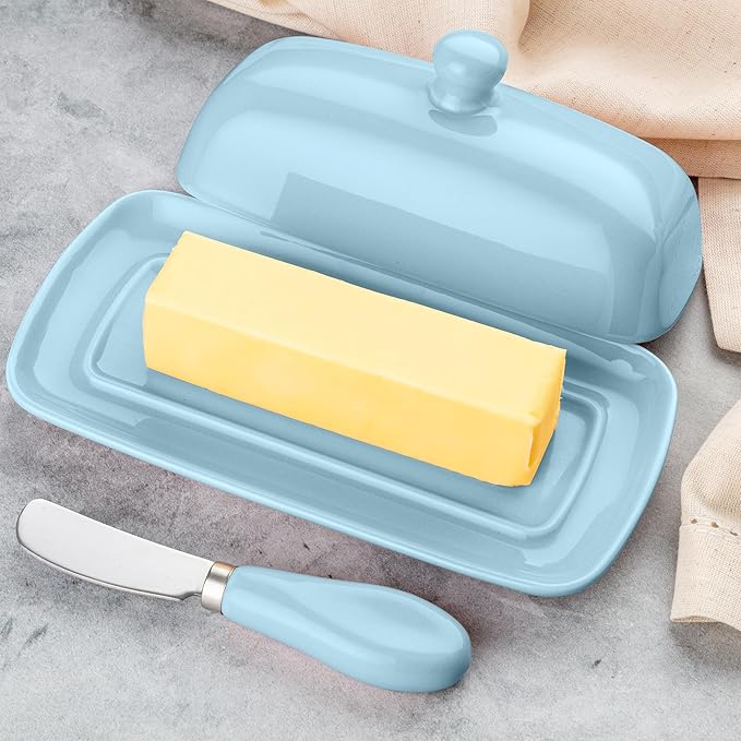 Zulay Butter Dish With Lid For Countertop - Porcelain White, Ceramic Butter Dish with Knob Handle Great for Cooking - Elegant Design Butter Holder - Durable & Sturdy Butter Keeper - Light Blue