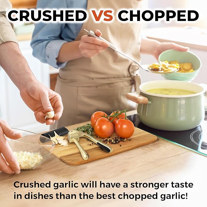 Zulay Kitchen Large Premium Garlic Press Set - Bigger Bowl for Bigger Garlic - Rust Proof & Dishwasher Safe Garlic Mincer Tool - Easy-Squeeze, Easy-Clean Silicone Garlic Peeler & Brush (Gold)