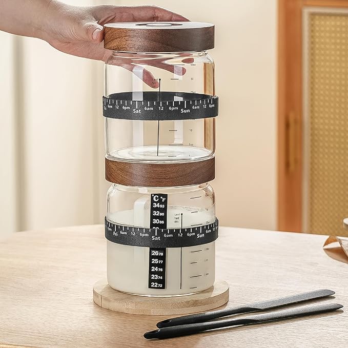 Wissy&Konny Sourdough Starter Jar,Wood Sealed Lid with Automatic Exhaust,35OZ with Ounce Scale Line,Date Marked Feeding Band, Thermometer, Sourdough Jar Scraper,Wide Mouth for Sourdough Bread Baking