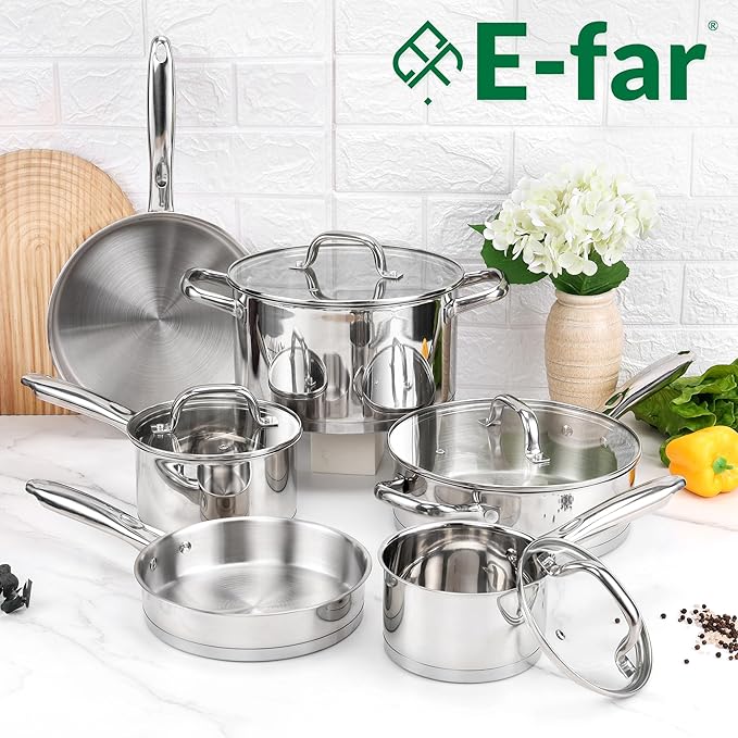 E-far 10-Piece Stainless Steel Cookware Set, Induction Pots and Pans Set with Tri-Ply Base, Non-toxic Kitchen Cooking Set w/Frying Pan, Saucepan, Saute Pan, Stockpot with Lids, Oven & Dishwasher Safe