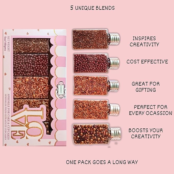 Confect Metallic Sprinkles Mix –Edible Pearl Dragees in Copper, Bronze & Rose Gold – Jimmies & Sparkling Sugar – Elegant Sprinkles for Cake & Cupcake Decorating- Vegan, Gluten-Free, Nut-Free, Soy-Free, Dairy-Free, Palm Oil-Free- 5 Oz