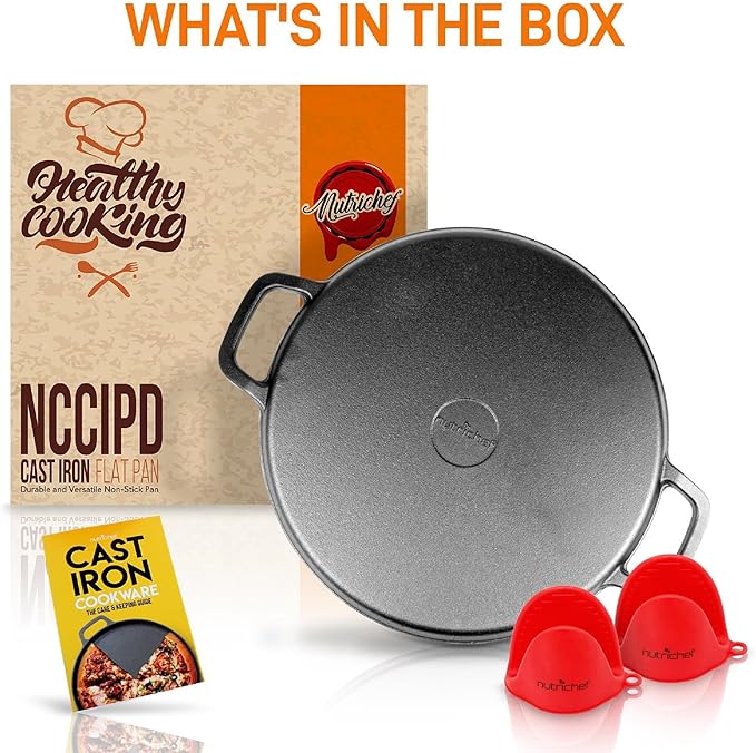 NutriChef 13-Inch Flat Cast Iron Pizza Pan - Versatile Pre-Seasoned Round Cooking Griddle w/ Built-In Handles for Oven, Grill, Stove, and Campfires