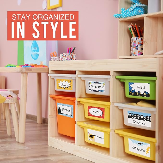 Name Tags Sticker - 56 Nametags for Classroom, Name Tag Stickers for Kids, Adhesive Classroom Labels for Teachers, Nametags Sticker for Clothes, Decorative Labels, Superhero Cubby Tags