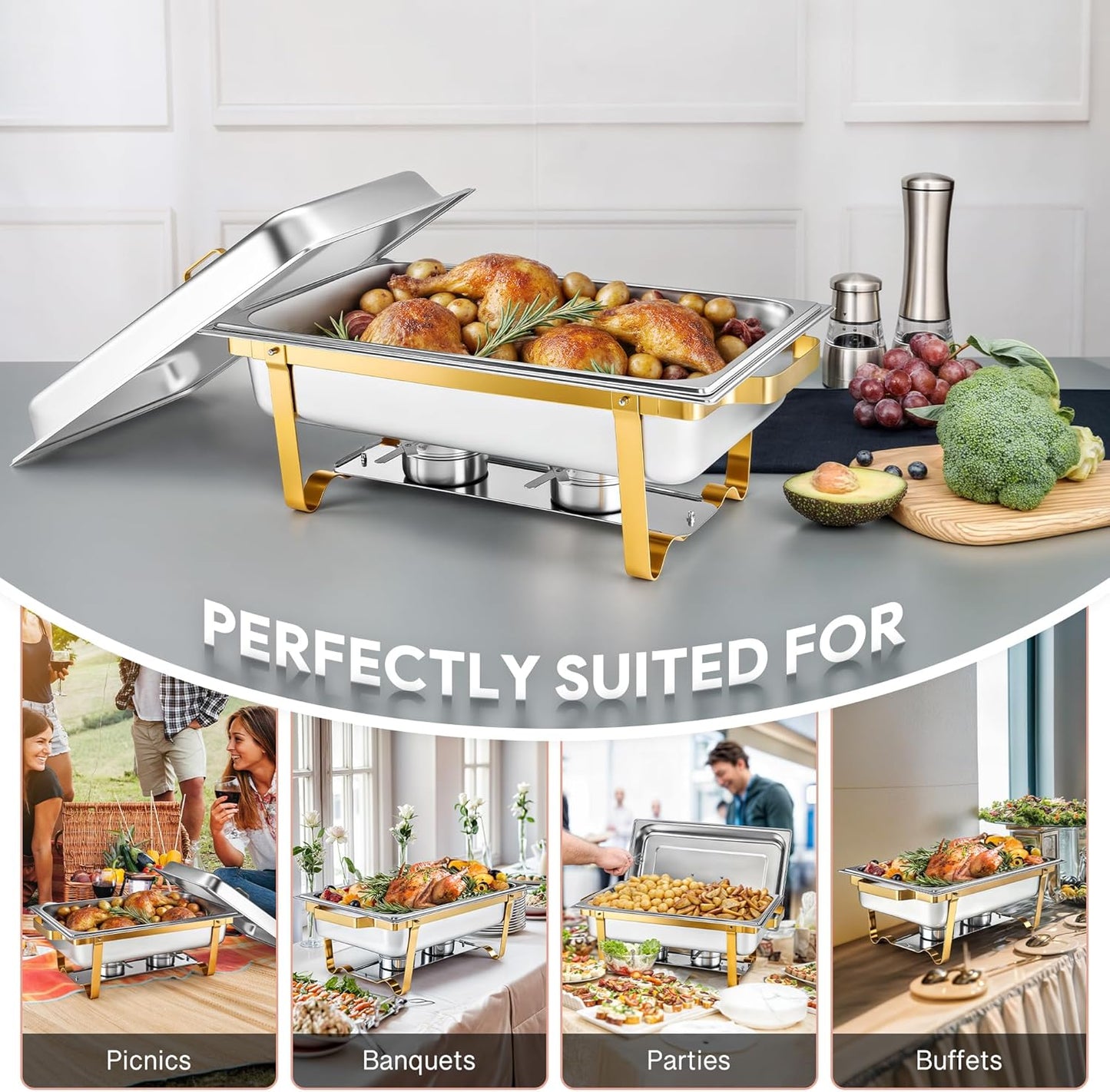 WILPREP Chafing Dish for Buffet, 9 qt Chafer and Buffet Warmer Set with Full Size Food Pan & Foldable Frame, Food Grade Stainless Steel Food Warmer for Parties Buffets Banquets Dinners, Gold & Silver