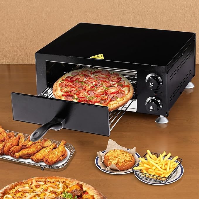 ROVSUN Electric Pizza Oven, 110V 1100W Stainless Steel Pizza Baker with Auto Shut-off, Handle, Removable Crumb Tray, Countertop Pizza Maker for Kitchen Commercial Home-Black