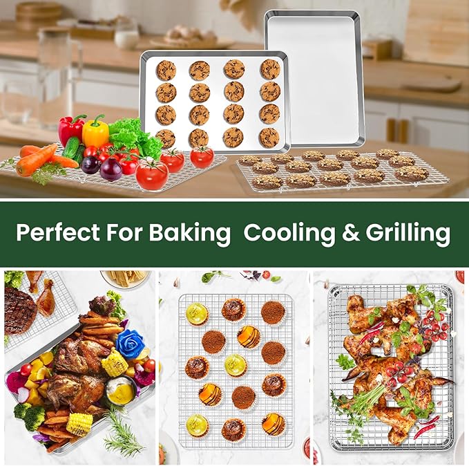 Stainless Steel Cookie Sheets, Baking Sheet Pan Set of 3 with Wire Cooling Rack, Non Stick and Heavy Duty and Easy Clean, 9/12/16 Inch