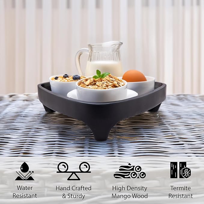 Mango Wood Serving Triangular Tray – 12x11.5x3.25 Inch Decorative Tray for Serving in Bed, Appetizers, Table, BBQ, Patio, Party – Perfect for Lap and Couch Use, Matt Finish, Black