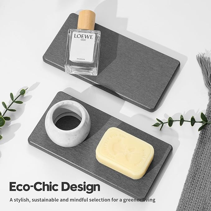 2PCS 7" x 3.5" Water Absorbing Bathroom Sink Vanity Trays, Diatomite Stone Quick Drying Mat for Kitchen Counter, Dish Rack Dispensers Sponge Holder Caddy Organizer, Dark Gray, 7"x3.5"
