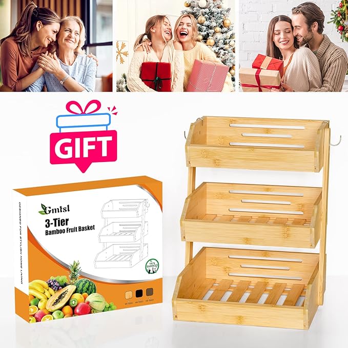 Bamboo Fruit Basket for Kitchen – 3 Tier Fruit Bowl For Kitchen Counter, Large Fruit Holder With 2 Banana Hangers, Idea For Fruit and Vegetable Storage, Bread Basket, Snack Organizer(Bamboo)