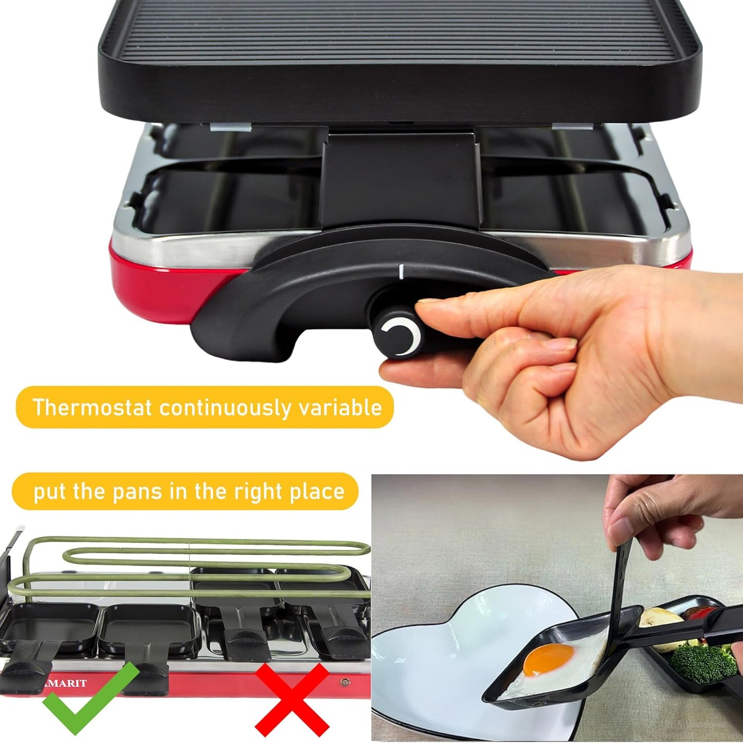 TAMARIT Classic 8 Person Raclette Grill 1500W Electric Tabletop Grill with Reversible Plate, 8 Non-Stick Raclette Trays & Spatulas Indoor Portable Korean BBQ Barbecue Grill, Party Grill Red