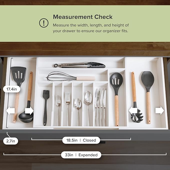 Premium Silverware, Flatware and Utensil Organizer for Kitchen Drawers, Food-Safe Contract Grade, Expandable from 18 to 33 In, White Bamboo