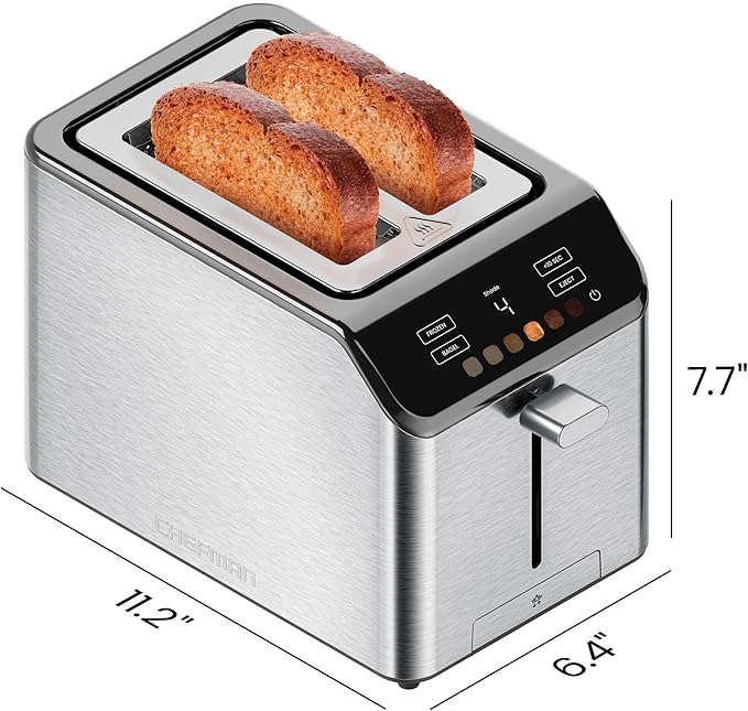 Chefman Smart Touch 2 Slice Digital Toaster, 6 Shade Settings, Touchscreen Controls, Extra-Wide Slots for Thick Breads & Bagels, +10 Seconds, Defrost, Removable Crumb Tray – Stainless Steel
