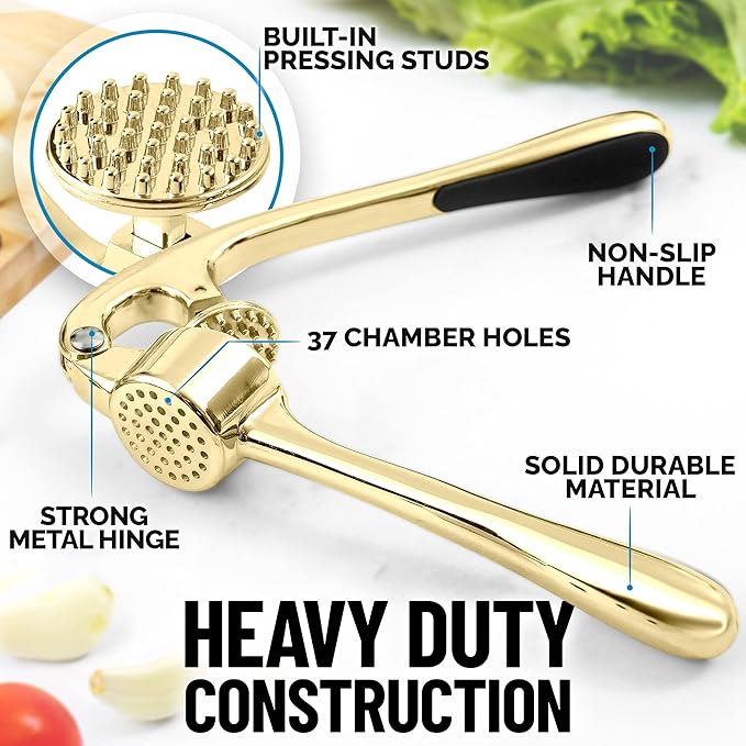 Zulay Kitchen Premium Garlic Press with Soft, Easy to Squeeze Handle - Includes Silicone Garlic Peeler & Cleaning Brush - 3 Piece Garlic Mincer Tool - Sturdy Easy to Clean Garlic Crusher (Gold)