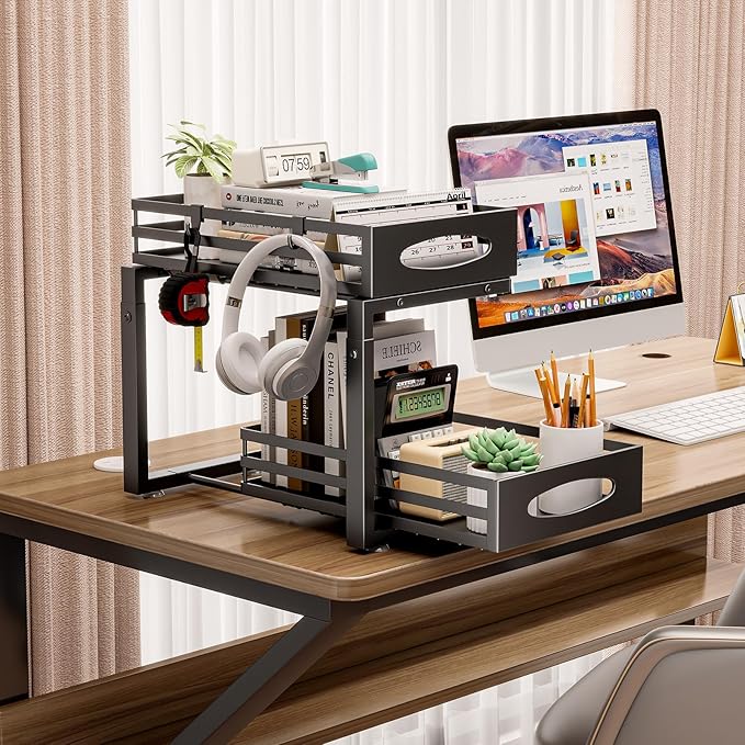 Under Sink Organizer, 2 Tier Under Sink Organizers and Storage, Adjustable Height, Slide out Metal Cabinet Organizers, Pull out Cabinet Storage Drawer Shelf for Kitchen Bathroom Black, 1 Pack