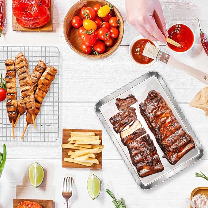 E-far Stainless Steel Baking Sheet with Wire Rack Set, 12.5” x 9.7” Cookie Sheet Broiling Pan for Oven, Rimmed Metal Tray with Cooling Rack for Cooking Roasting, Non-Toxic & Dishwasher Safe