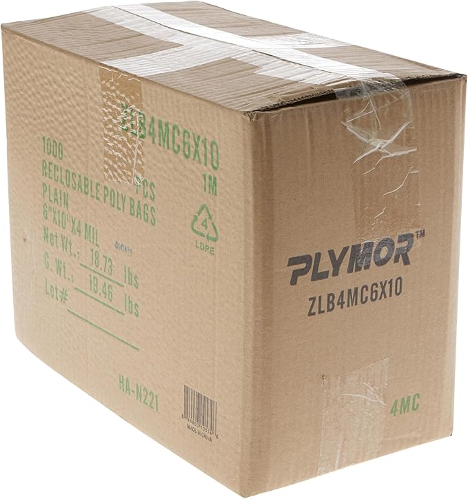 Plymor 6" x 10" (Case of 1,000), 4 Mil Heavy Duty Zipper Reclosable Plastic Bags
